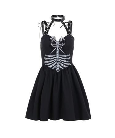 Women's Gothic Dark Fit Slim Slim Strap Print Dress Halloween Costumes Womens Dress Jacket Black Large