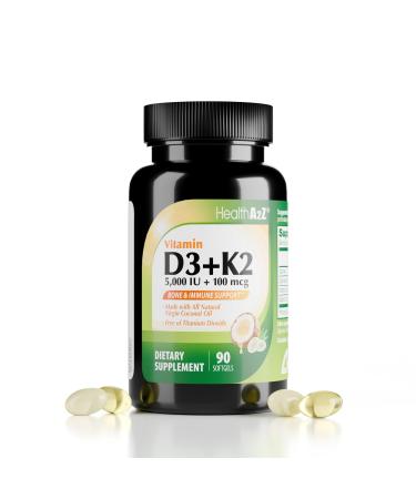 HealthA2Z Vitamin D3 (5 000 IU) + K2 (MK-7) Made with Virgin Coconut Oil (Natural MCTs) - 90 Softgels (Pack of 1) - Helps Calcium Absorption for Bones Teeth Mood & Immune Health