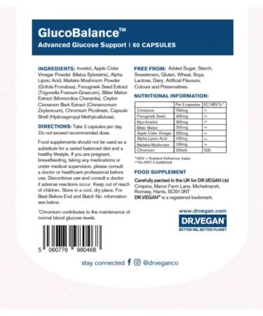 Dr. Vegan GlucoBalance | Plant-Based Blood Sugar Control Supplement | 60 Capsules | Chromium, Apple Cider Vinegar, Cinnamon | Metabolism Support - Buy Online on GoSupps.com
