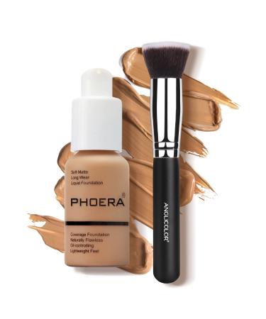 Junhe PHOERA Liquid Foundation Full Coverage Foundation 24 Hours Matte Liquid Foundation Concealer with Foundation Brush (105)