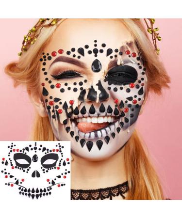Skull Ghost Face Jewels Temporary Tattoos - Halloween Rhinestone Fake Tattoos for Cosplay Party - 3 Sheet Set - Buy Online on GoSupps.com