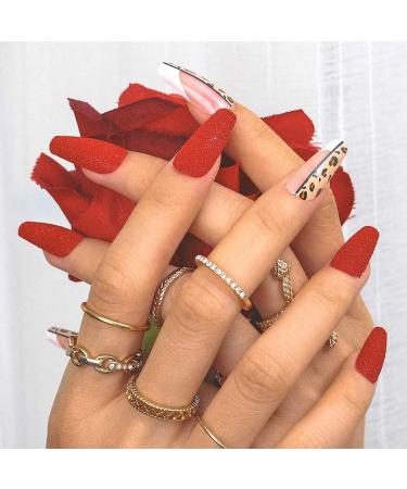 Sethexy Long Matt Ballerina Nails - Red Coffin Leopard Design | 24 Sparkle Acrylic Press-On Fingernails with Glue | Perfect for Women & Girls - Buy Online on GoSupps.com