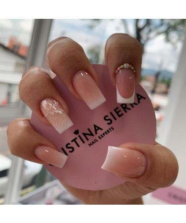 SINLOV Short Medium Square Fake Nails Crystal Glossy Press on False Nails Pink Nude Ballerina Artificial Finger Nails French Full Cover False Nails for Women and Girls