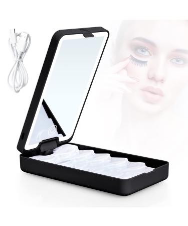 Buqikma Rechargeable Eyelash Compact Case with Lighted Makeup Mirror - Dimmable Eyelash Case Organizer Container Empty 360 Degree Rotation False Eyelash Storage Display Box(Black)