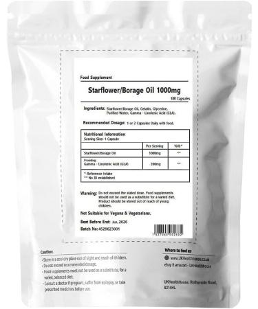 UKHealthHouse Starflower Oil Borage Oil Capsules 1000mg x 180 - High Strength 20% GLA - Omega 6 for Skin, Digestion, Headaches - Women's Health - 275.6g - Buy Online on GoSupps.com