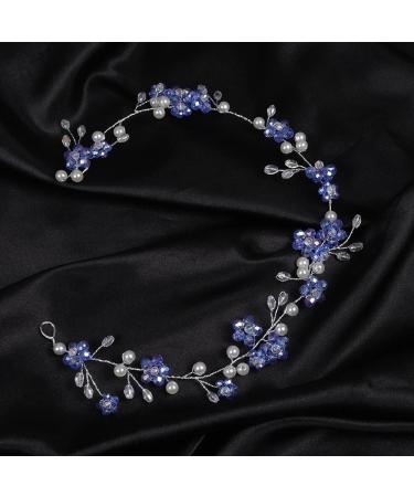 Blue Flower Rhinestone Wedding Headband | Handmade Pearl Bridal Hair Accessory - Buy Online on GoSupps.com