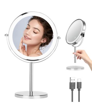 8 inch Desktop Magnifying Makeup Mirror with Lights  8 Dimmable Rechargeable Double Sided 1X/10X Vanity Mirror with 3 Colors  360  Smart Touch Brightness Adjustable Lighted Makeup Mirror-Chrome