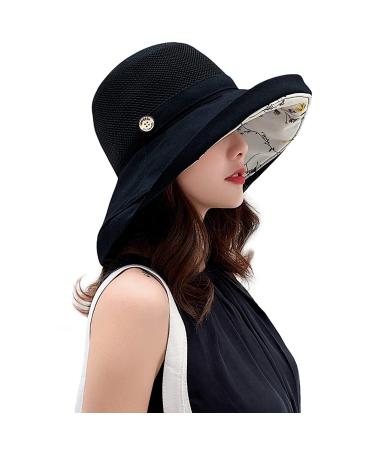 Women Mesh Sun Hats Summer Beach UV Protection UPF Packable Wide Brim Chin Strap Black