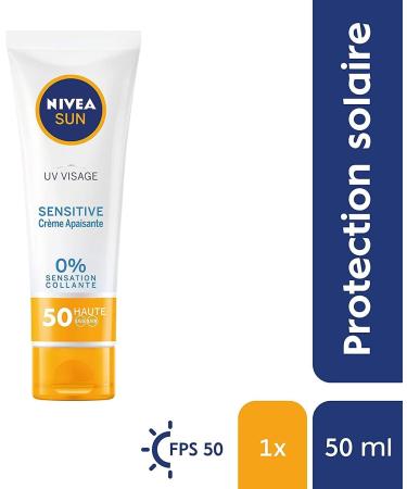 NIVEA SUN UV VISAGE Sensitive Soothing Cream SPF 50 (1 x 50 ml) Facial sunscreen formula for sensitive skin Immediate sun protection without fragrance & non-greasy - Buy Online on GoSupps.com