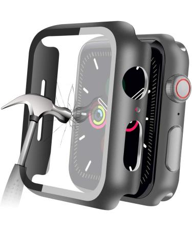YMHML Compatible with Apple Watch 42mm Series 3/2/1 Case with Built-in Tempered Glass Screen Protector, Thin Guard Bumper Full Coverage Hard Cover for iWatch Accessories Black 42 mm