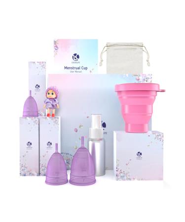 Reusable Menstrual Cup Silicone Period Cups Soft Comfortable & Environmentally Friendly - Set of 3 Kit for Girls & Women Purple