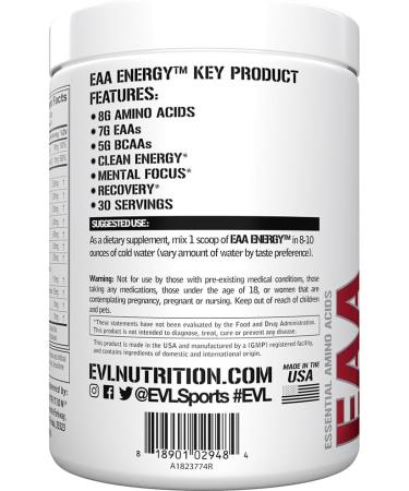 Evlution Nutrition EAA Energy - Pre & Post Workout Powder for Muscle Building & Recovery - 7g Essential Amino Acids + 5g BCAAs - Clean Caffeine Energy - 30 Servings - Watermelon Splash - Buy Online on GoSupps.com