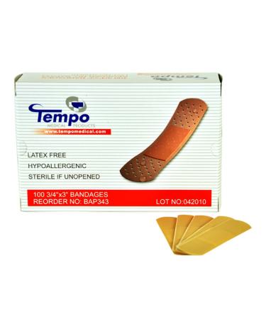 Tempo Adhesive Plastic Strip Bandage 3/4 x 3 Sterile Non Latex Hypoallergenic 100 EA/BX & 60 BX/CS BAF343
