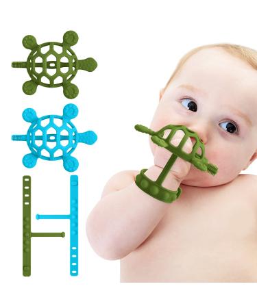 Teething Toys for Babies - Never Drop Food Grade Silicone Baby Teether for 3-6 Months Wristband Soothing Natural Rubber Baby Chew Toy 6-12 Months Infant Cute Turtle Shape 2 Pack Green & Blue