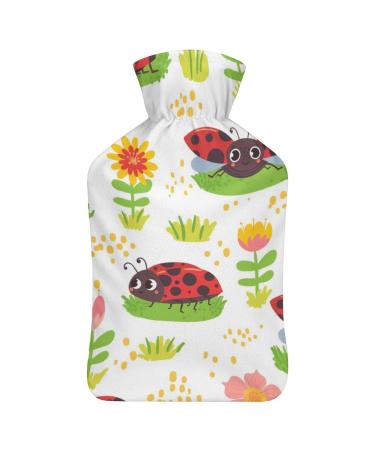 Heat bottle with lid of ladybugs and ladybug flower pattern rubber hot water sac for pain relief cramps foot warmers hot and cold therapy