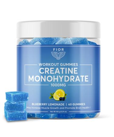 FIOR Creatine Gummy - Best Creatine Monohydrate Chewable, 60 Count, Workout & Protein Supplement, Cognitive Enhancement, Blueberry Lemonade Flavor, 30 Servings