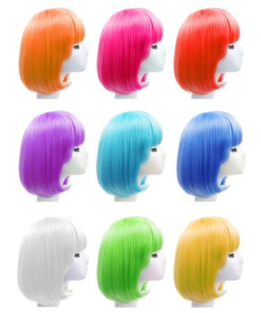 9 Pieces Colored Costume Cosplay Wigs, Short Bob Hair Wigs, Daily Party Hairpiece for Women Girls - Bachelorette Party Decorations, Supplies, Favors