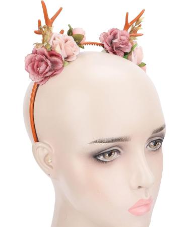 Flower Headband Fashionable Flower Reindeer Antlers Headband Floral Garland Crown for Party Cosplay Wedding Christmas(Dark pink) - Buy Online on GoSupps.com