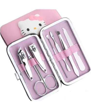 Vnsport Nail Clipper Travel Set Hello Kitty 7 in 1 Stainless Steel Professional Nail Cutter Manicure Pedicure & Grooming Kits with Leather Case