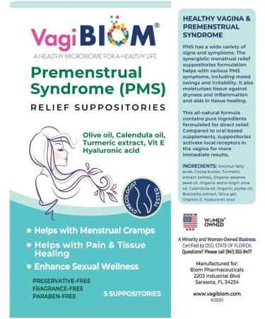 VagiBiom Menstrual Relief Suppositories (5 Count) | Calendula Oil, Cocoa Butter, Turmeric | Supports Cramp Relief, Mood Balance, Tissue Healing | USA Made, Vegan - Buy Online on GoSupps.com