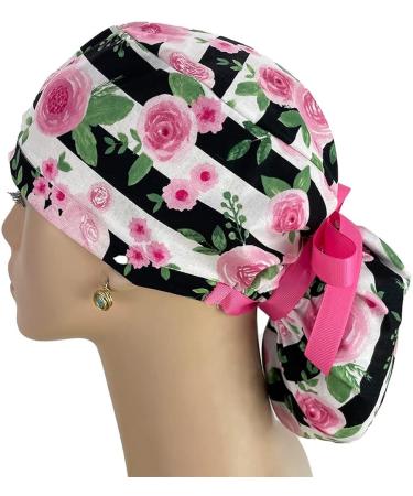 Pink Rose Striped Ponytail Scrub Cap | Unisex Surgical Hat for Nurses | Tie Back Working Cap with Holder - Buy Online on GoSupps.com