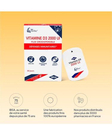 IBSA Pharma - FILMTEC - Vitamin D3 2000 IU - Immune defenses - Melts in seconds without water - Box of 30 films 1 month - Dietary supplement - Buy Online on GoSupps.com