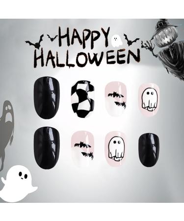 Haunted Halloween Press-On Nails | Short Oval Black Acrylic with Spooky Bat & Checkered Designs | 24 Pcs Full Cover for Women - Buy Online on GoSupps.com