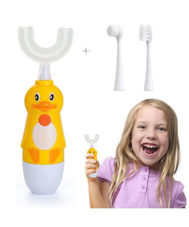 Kids Electric Toothbrush,Caromolly U-Shaped Automatic Toothbrush,360° Cleaning with Three Types of Brush Heads,Special Design for 7-12 Years,Cartoon Modeling,Yellow 3 Piece Set Yellow