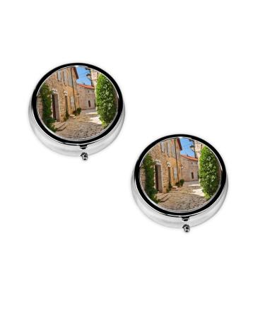 (Italy Tuscan) Round Pill Box 3 Compartment Pill Box Mini Decorative Pocket Purse Portable Travel Medicine Tablet Vitamin Holder Organizer Pill Case