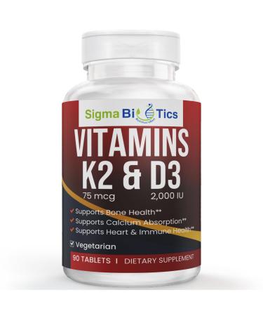 Chewable Vitamin D3 with K2 (MK7) Supplement | Bone & Heart Health Support | 2000 IU D3 & 75 mcg K2 MK-7 Non-GMO Supplement | Easy to Swallow D & K Complex | 90 Tablets Vitamin K2 + D3