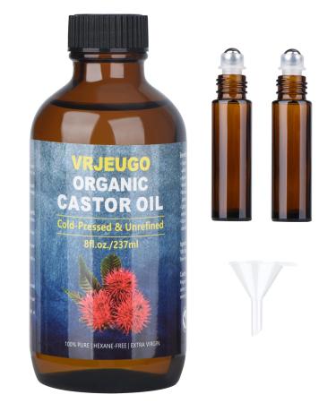 VRJEUGO Organic Castor Oil for Face Roll On Rollerball Deep Hydration for Skin Care and Hair Castor Oil Organic Cold Pressed Unrefined Glass Bottle 8oz with 2 Roller