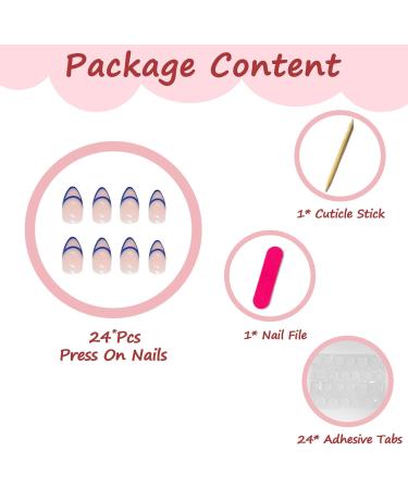 24Pcs Short Blue Line Almond Press on Nails - Glossy Geometric French Tips for Women - Buy Online on GoSupps.com