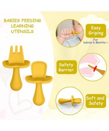 Vicloon Baby Fork and Spoon Set 4Pcs - Silicone Self Feeding Utensil for Toddler Cutlery Kit - Easy Grip Baby Weaning Spoons - Beige-yellow - Buy Online on GoSupps.com