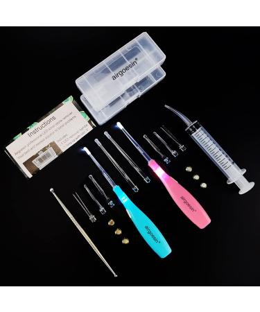 Airgoesin Longer Tips 2 Sets Tonsil Stone Remover Kit w/LED Tool & Earwax Remover Kit  Irrigation Ear Syringe or Oral Syringe  Long Stainless Tonsil Pick Remover B: Blue+pink
