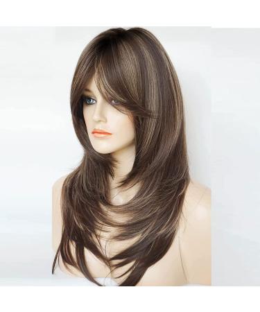 Brown Wigs for Women | Synthetic Long Curly Layered Ombre Wig with Fringe - Perfect for Daily & Party Wear - Buy Online on GoSupps.com
