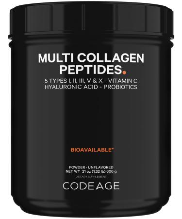 Codeage Multi Collagen Peptides + Probiotics Black Edition Vitamin C Hyaluronic Acid Powder Supplement Grass-Fed Pasture-Raised Hydrolyzed Zero Carbs Type I II III V & X Unflavored 21oz