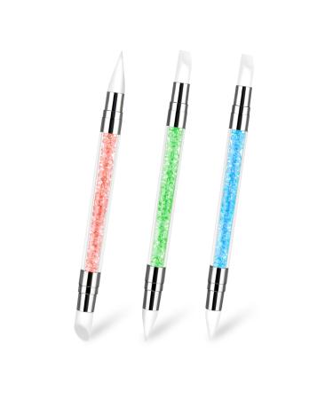 3 Pcs Nail Art Sculpture Pen Dual Tipped Silicone Nail Tools Silicone Head Acrylic Handle Nail Art Brushes Rhinestone Nail Polish Carving Pen Nail Art Tools for Home Salon(Blue Green Orange)