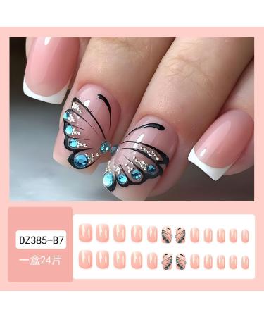 French Tip Press on Nails - Short Square Press On Nails with Nail Tips White edged French Blue Sparkling Butterfly Fake Nails press on nails Acrylic False Nails Cute Artificial Nails - Buy Online on GoSupps.com