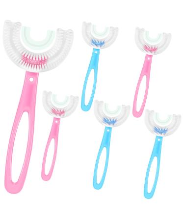 6 Pack Kids U Shaped Toothbrush with Silicone Brush Manual Training Tooth Brush U-Type Toothbrush Whole Mouth Toothbrush with Handle for Kids 2-8 Years Old (Long Handle, Blue Pink) Long Handle Blue Pink