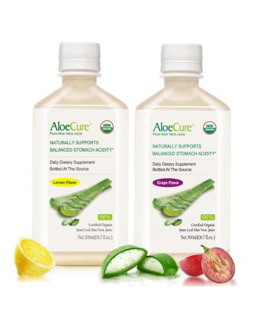 AloeCure Organic Aloe Vera Juice - 2 Bottle Sample Pack - Lemon and Grape Flavor - 2x500ml