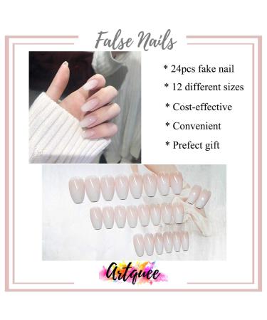 Artquee French Nude White Ombre Ballerina Medium Long Coffin Fake Nails - 24pcs Glossy Press on False Tips for Women and Girls - Buy Online on GoSupps.com