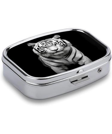 Black and White Tiger Print Pill Box - 2 Compartment Portable Medicine Organizer | Decorative Metal Pill Case for Pocket or Purse - Buy Online on GoSupps.com