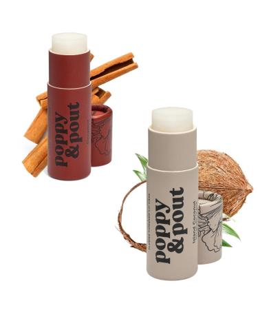Poppy & Pout Jumbo Lip Balm 2 Pack All Natural Lip Balms & Moisturizers Hydrates with Beeswax Vitamin E Organic Coconut Island Coconut & Cinnamint