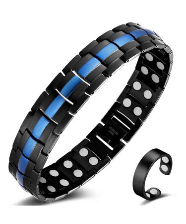 Vicmag Men Magnetic Bracelets Titanium Steel Magnet Bracelet Ultra Strength Double Row 3500 Gauss Wristband Brazaletes with Adjustment Tool & Jewelry Gift Box (Black Blue Line)