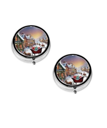Christmas Village Printed Mini Round Pill Box Pill Box 3 Compartment Medicine Pill Case Pill Organizer Travel Pillbox Portable Pill Box for Pocket Home Office Use
