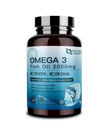 NATURE TARGET Omega 3 Fish Oil 2000mg Softgels with Vitamin D3 & E & A - EPA & DHA- Max-Absorption, Supports Heart, Brain & Immune Health, Non-GMO, 120 Softgels 120 Count (Pack of 1)