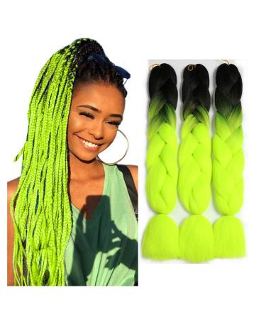 Showjarlly Kanecalon Kunsthaar Hair Kanecalon Hair Braids Extension Ombre Jumbo Braid Hair extension 24 " Kanecalon braids Box Hair Kunsthaar Hair For Inclined Black/Yellow Green# 61cm-24 inch (3 pack) black/yellow green