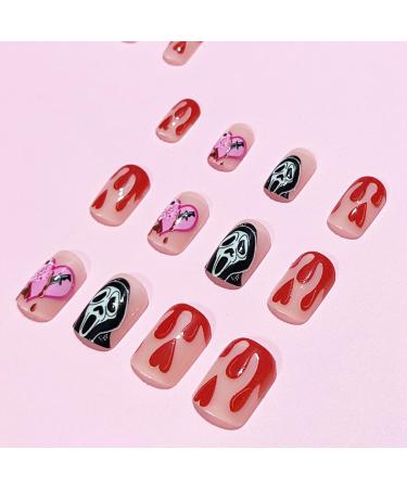 24 Pcs Halloween Press on Nails - Glossy Short Acrylic Nails with Bloody Heart & Ghost Designs for Women & Girls | Easy Stick-On False Nails - Buy Online on GoSupps.com