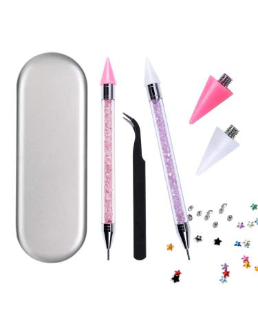 ANGNYA 2 Pack Rhinestone Picker Dotting Pen With 2 Replaceable Wax Tips And ?1x Tweezer, Dual-ended Diamond Picker Tools for Nails,Wax Pencil for Rhinestone Stainless Steel Double Head(Pink Purple)