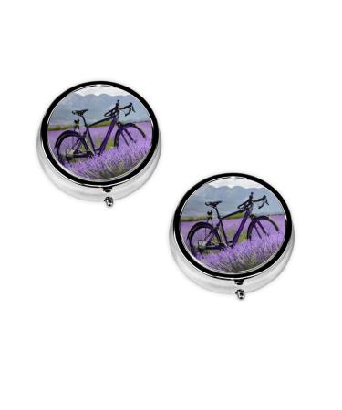 (Lavender Field Retro Bike Agriculture) Round Pill Box 3 Compartment Pill Box Mini Decorative Pocket Purse Portable Travel Medicine Tablet Vitamin Holder Organizer Pill Case